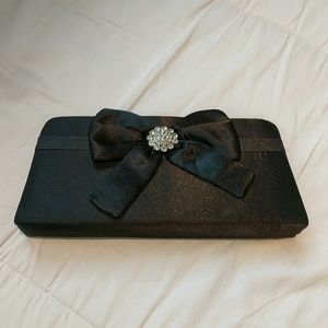 Black Satin Clutch with Rhinestone Bow